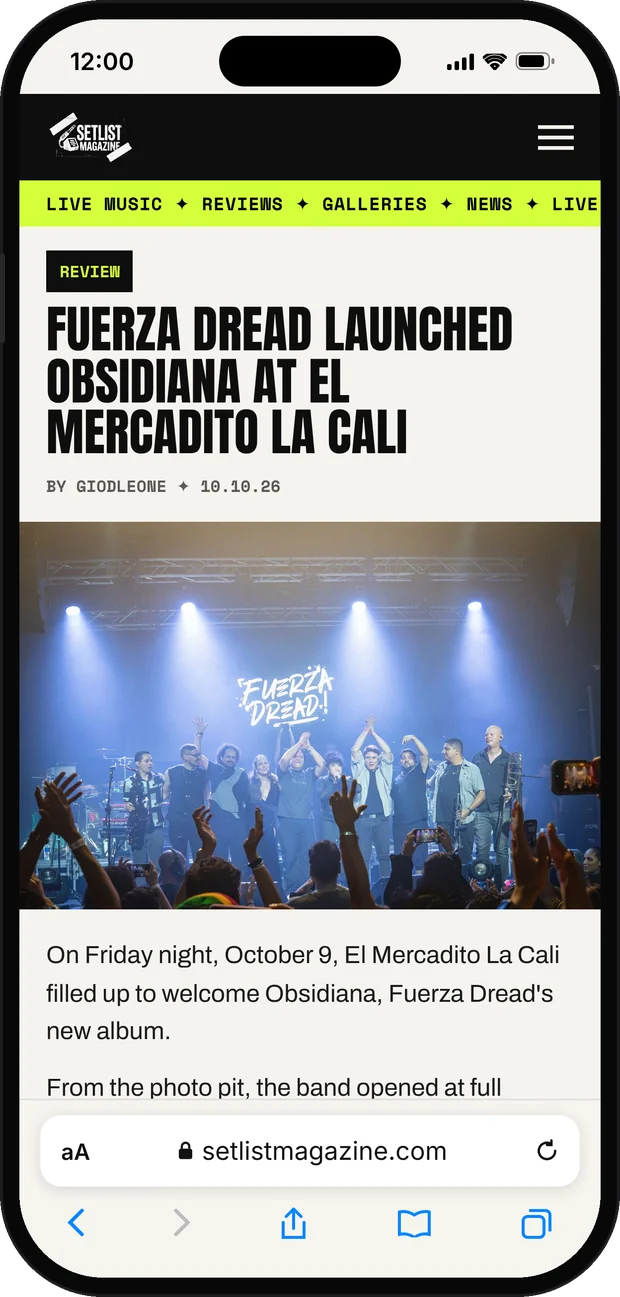 Fuerza Dread review on setlistmagazine.com on a phone