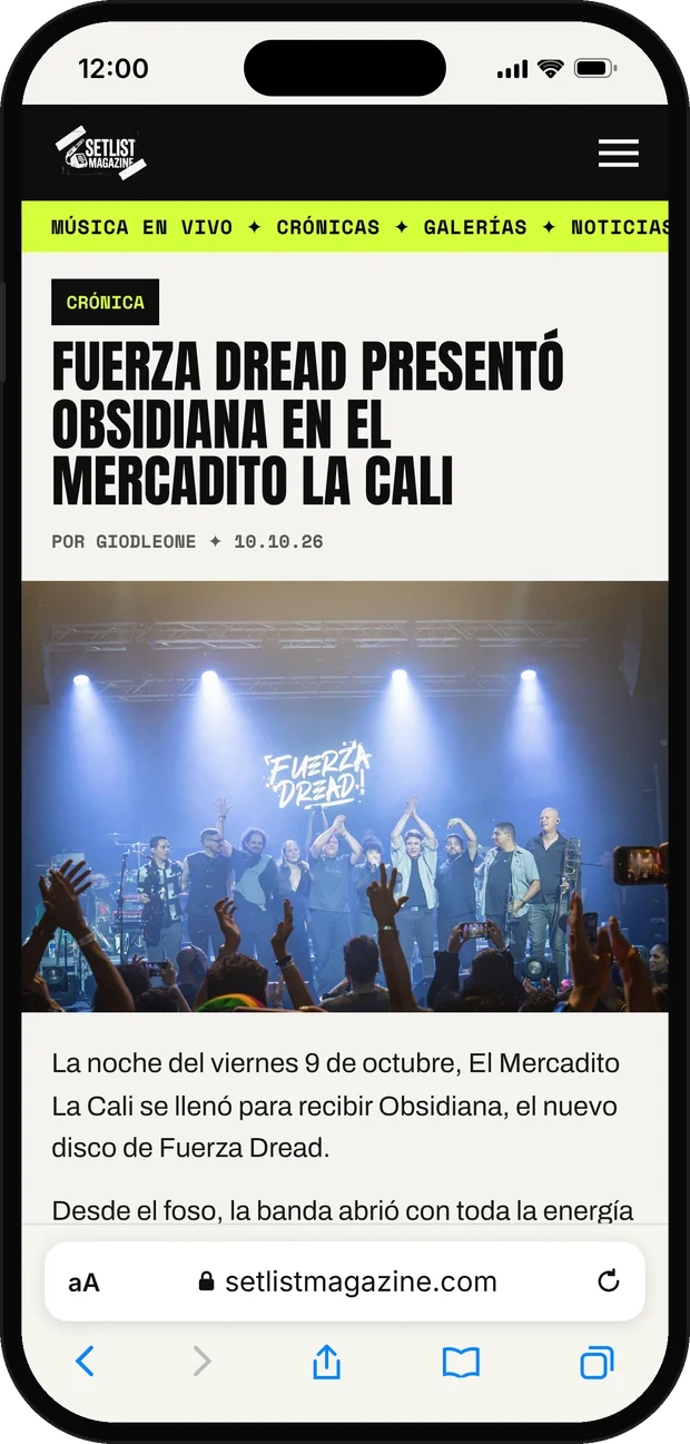 Crónica de Fuerza Dread en setlistmagazine.com vista en el teléfono